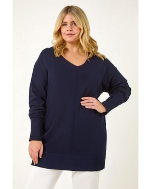 Roman Curve V-Neck Relaxed Jumper - Blue