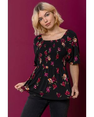 D.u.s.k Shirred Bodice Floral Print Top - Black
