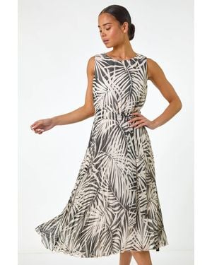 Roman Petite Leaf Print Pleated Midi Dress - White