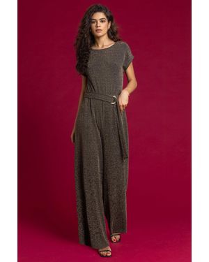 Roman Wide Leg Belted Shimmer Jumpsuit - Metallic