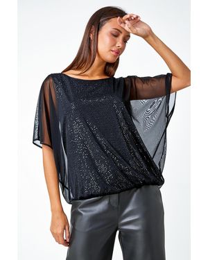 Roman Sparkle Mesh Stretch Chiffon Overlay Top - Black