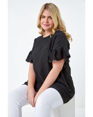 Roman Curve Textured Frill Detail Stretch T-Shirt - Black