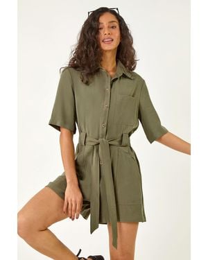 D.u.s.k Stretch Buttoned Belted Pocket Playsuit - Green