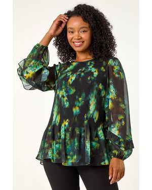 Roman Petite Frill Sleeve Pleat Front Top - Green