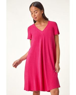 Roman Petite V-Neck Swing Pocket Dress - Pink