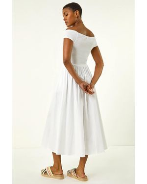 Roman Shirred Cotton Midi Dress - White