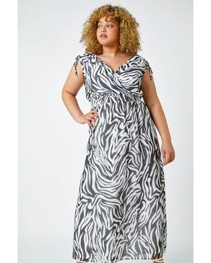Roman Curve Zebra Print Shirred Chiffon Maxi Dress - White