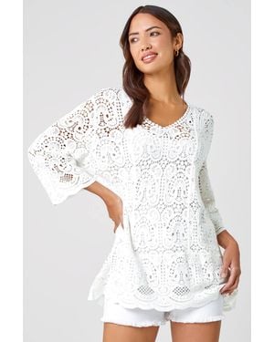 Roman Cotton Crochet Tunic Top - White