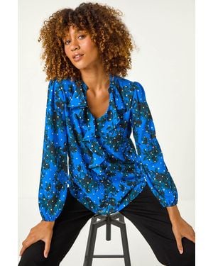 Roman Foil Floral Print Ruffle Front Top - Blue