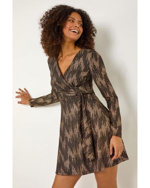 D.u.s.k Metallic Sequin Wrap Skater Dress - Brown