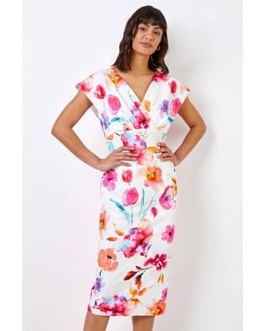 Roman Floral Print Cross Front Midi Dress - White