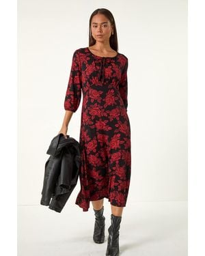 Roman Petite Floral Stretch Midi Dress - Red
