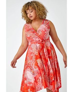 Roman Curve Paisley Hanky Hem Stretch Dress - Red