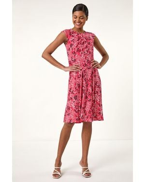 Roman Ditsy Floral Keyhole Twist Dress - Red