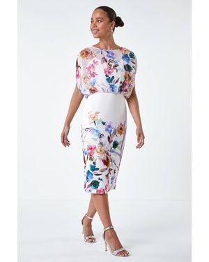 Roman Petite Floral Chiffon Blouson Overlay Dress - White