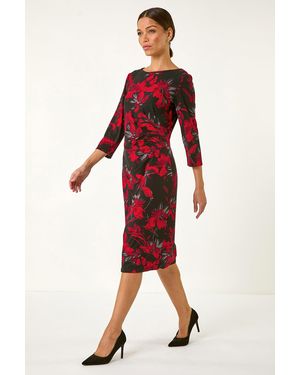 Roman Leaf Print Side Pleat Stretch Dress - Red