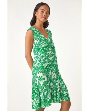Roman Petite Print Cut Out Tiered Dress - Green
