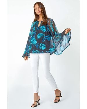 Roman Floral Print Mesh Chiffon Stretch Top - Blue