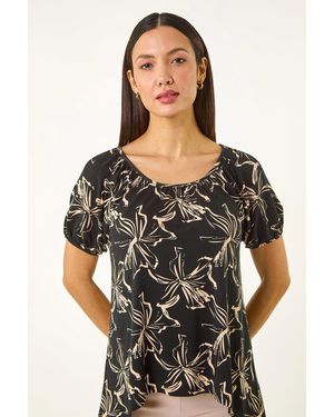 Roman Leaf Print Asymmetric Stretch Tunic Top - Black