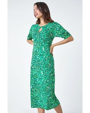 Roman Animal Print Keyhole Stretch Dress - Green