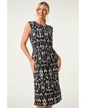 Roman Petite Aztec Print Tie Waist Stretch Dress - Black
