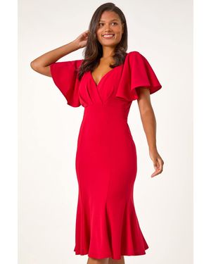 Roman Flared Sleeve Front Wrap Stretch Dress