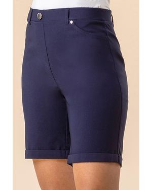Roman Elastic Waist Turn Up Stretch Shorts - Blue