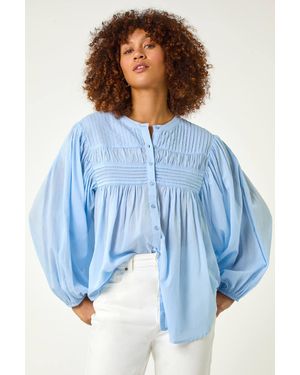 Roman Pleat Detail Button Through Blouse - Blue