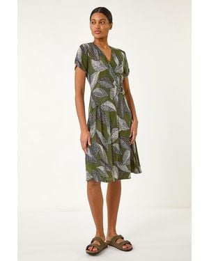 Roman Leaf Print Ring Detail Midi Dress - Green