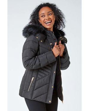 Roman Petite Faux Fur Hood Puffer Coat - Black