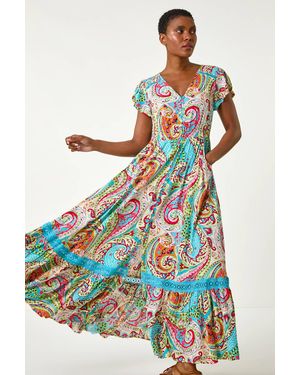 Roman Paisley Print Shirred Waist Maxi Dress - White