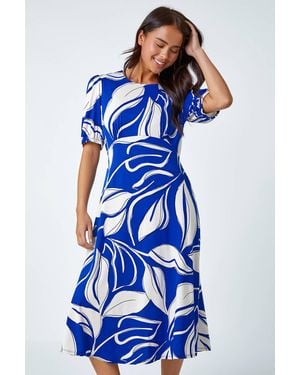 Roman Petite Leaf Stretch Midi Dress - Blue