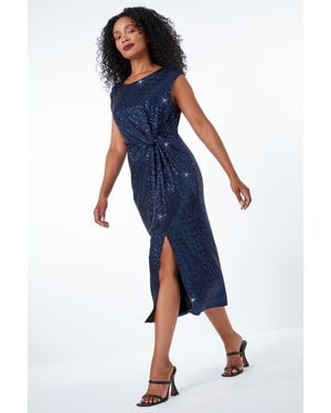 Roman Petite Ruched Glitter Midi Dress - Blue