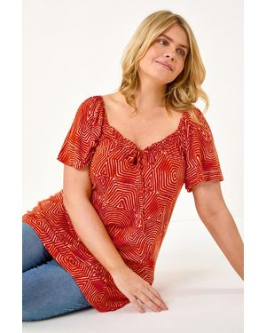 Roman Curve Tie Front Abstract Stretch Top - Orange