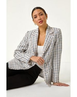 Roman Check Frayed Edge Boucle Button Jacket - Grey