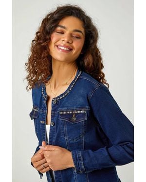 Roman Collarless Tape Stretch Denim Jacket - Blue