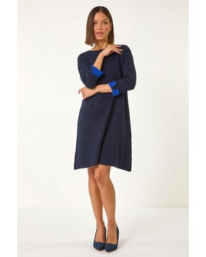 Roman Contrast Sleeve Knitted Shift Dress - Blue