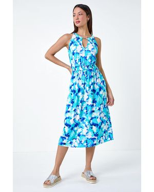 Roman Abstract Halter Neck Stretch Midi Dress - Blue