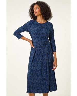Roman Abstract Print Ruched Waist Dress - Blue