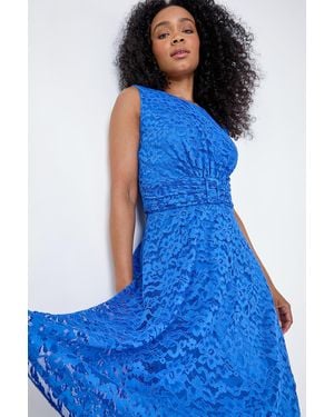Roman Petite Lace Shimmer Belted Midi Dress - Blue