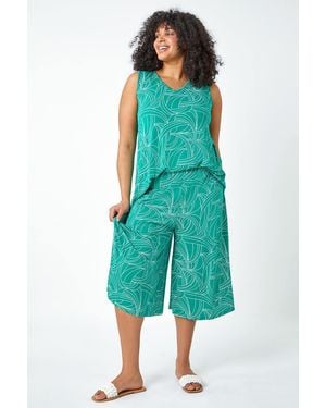 Roman Curve Abstract Swirl Stretch Cropped Culottes - Green