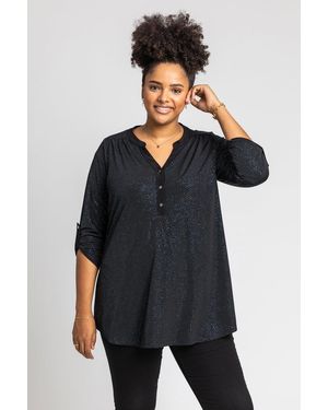 Roman Curve Glitter Button Tunic Top - Blue