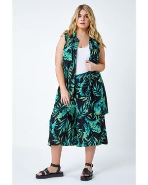 Roman Curve Leaf Print Sleeveless Longline Tunic Shirt - Green