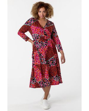 Roman Curve Patchwork Floral Print Wrap Dress - Red