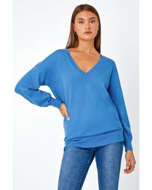 Roman Plain Stretch V-Neck Longline Jumper - Blue