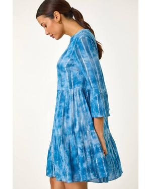 Roman Tie Dye Print Shimmer Smock Dress - Blue