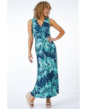 Roman Petite Palm Print Twist Front Maxi Dress - Blue