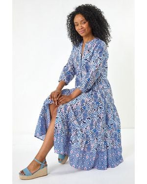 Roman Petite Aztec Tiered Midi Dress - Blue