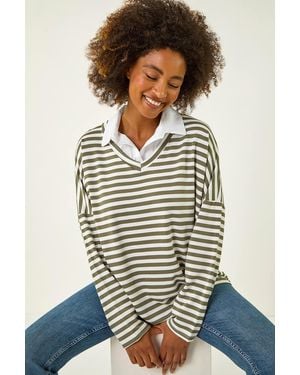 Roman Stripe Mock Shirt Top - White