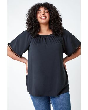 Roman Curve Pom Pom Trim Stretch Bardot Top - Blue